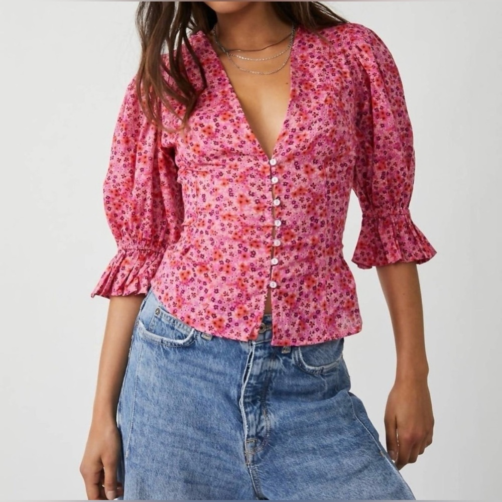 Free People Pink Floral Blouse with Puff Sleeves